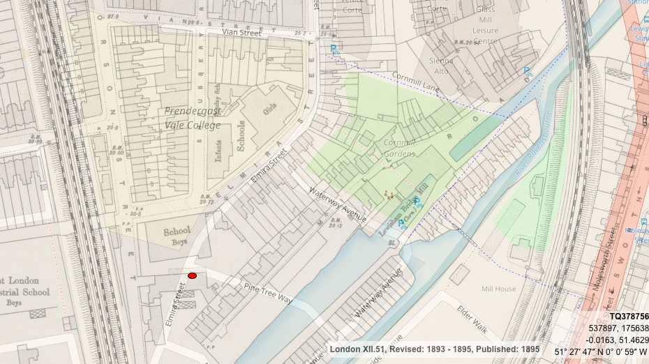 Present-day street plan superimposed on 1893 Ordnance Survey map