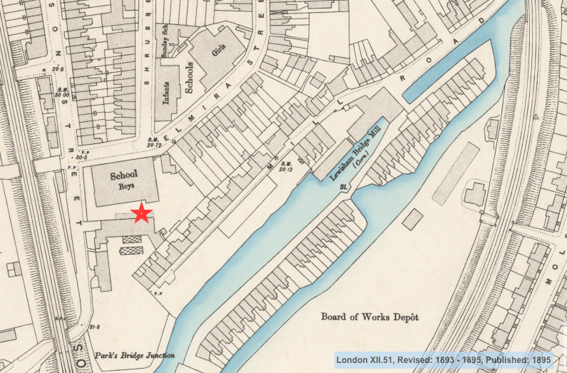 1893-95 OS Map showing the Lewisham Bridge Mill still in operation, alongside the mid-Victorian housing development. The location of the mulberry is marked with a star.