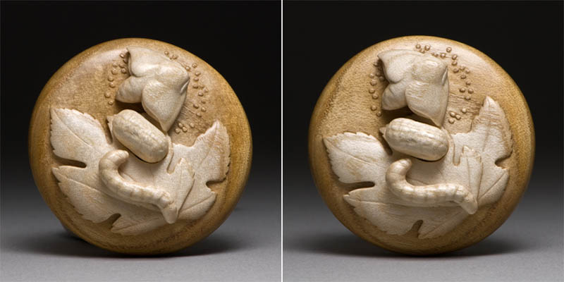 Detail of netsuke by Janel Jacobson, showing silk moth, silk worm, cocoon and mulberry leaf. Photo courtesy Janel Jacobson.